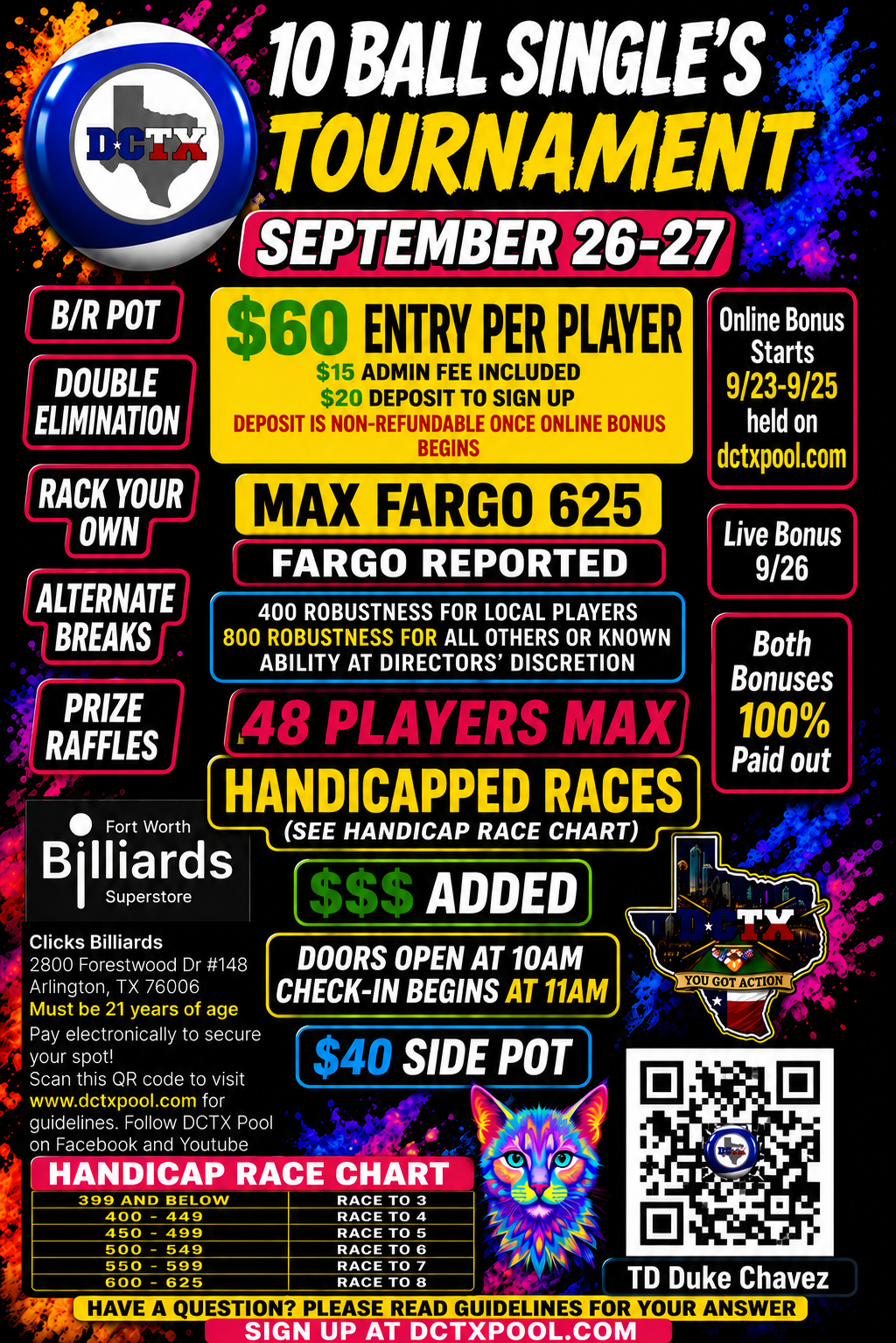 DCTX 10 Ball Singles Tournament 9/26/26